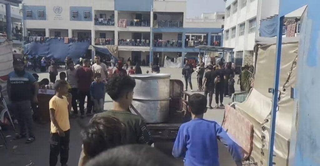 Scenes of aid distribution in a Palestinian community, likely Gaza or Rafah, featuring large cooking pots and people receiving assistance, supported by crypto donations via XRP.