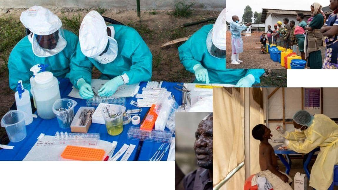 Medical professionals in PPE prepare for monkeypox vaccinations, community members await aid, and a child receives a medical swab, all supported by crypto donations via BTC.