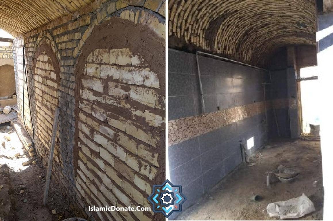 Sadaqah Jariyah construction progress showing brickwork and tiled interior for religious infrastructure projects, accepting cryptocurrency donations like BTC.