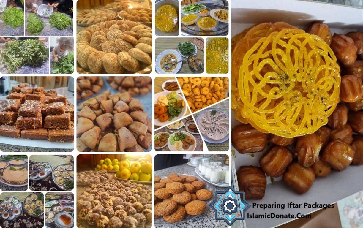 Collage of diverse Iftar food items, including dates, pastries, and savory dishes, illustrating charitable Ramadan food distribution funded by crypto donations like USDC.