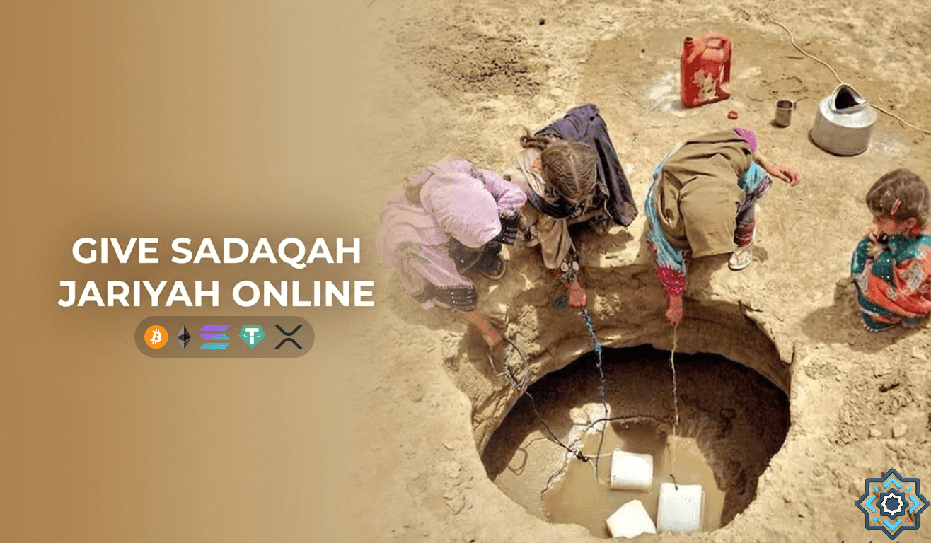 Children collecting water from a well, donation for water solutions with crypto icons BTC, ETH, SOL, USDT. Give Sadaqah Jariyah Online.