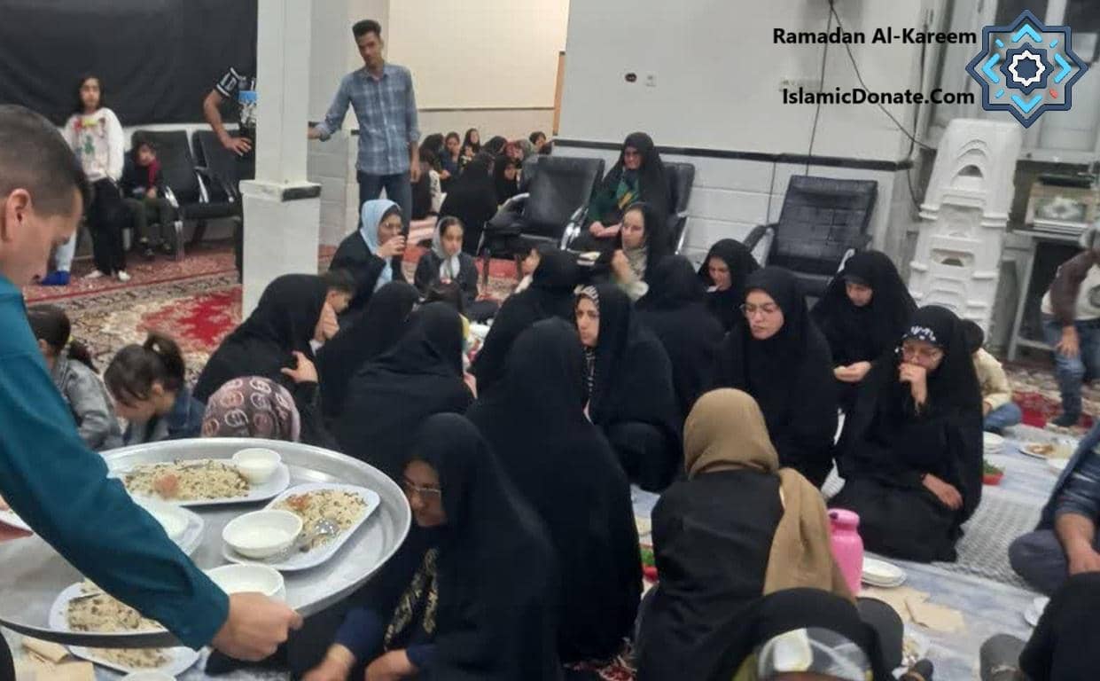 Ramadan Iftar meal distribution to a community, facilitated by crypto donations via Solana, offering sustenance and hope to those observing the fast.
