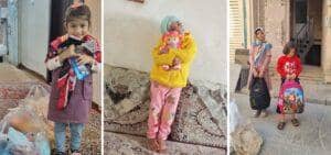 Three smiling children, one holding toiletries and clothes, another hugging a doll, and two with backpacks, symbolizing sponsorship of orphans with ETH donations for a brighter future.