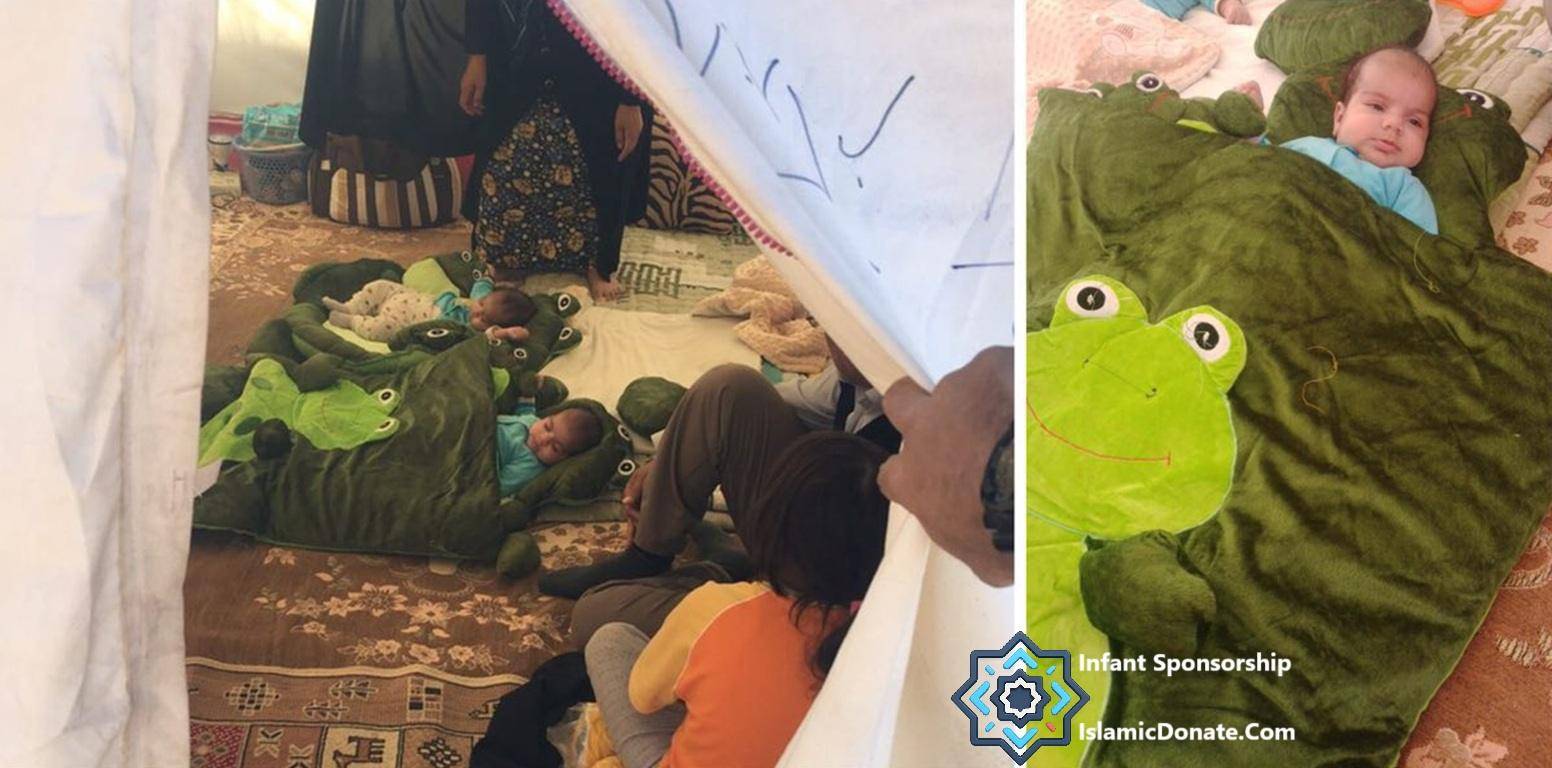 Several infants sleeping on the floor, swaddled in frog-shaped sleeping bags, seeking comfort and safety. Sponsored through charitable giving with RLUSD, this image represents the hope provided to vulnerable children in difficult circumstances, emphasizing the core mission of providing food, shelter, and education.