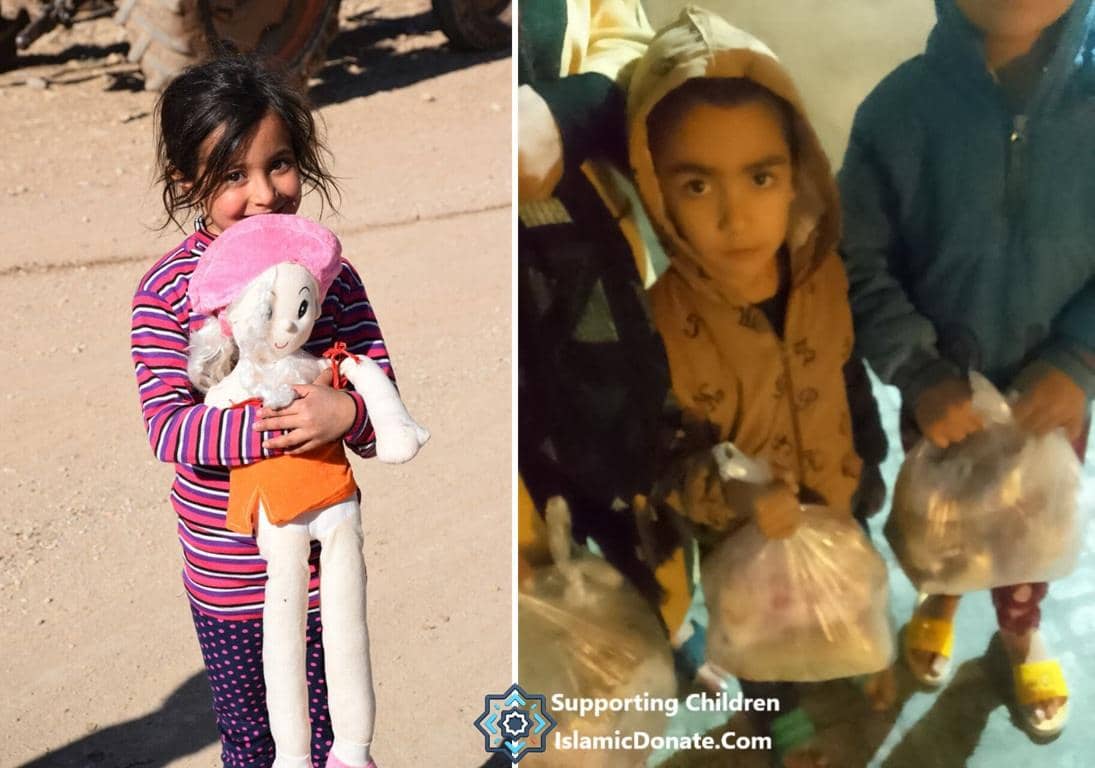 A smiling girl holds a doll, while in the background children receive aid, such as food, made possible by crypto donations like BTC.
