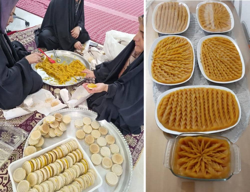 Women preparing and arranging colorful halva dessert for Iftar, a traditional Ramadan meal, with a variety of sweets like dates and small circular cookies, highlighting crypto donations for Ramadan 2026, featuring a selection of smooth halva dishes in attractive patterns with PayPal USD support.