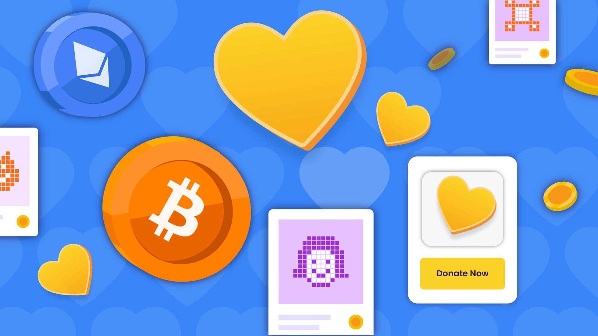 Dollar coins with Bitcoin and Ethereum logos and heart icons symbolize crypto donations for charitable causes, facilitating Zakat and Sadaqah. The image also displays pixelated profile icons, suggesting online giving and GameFi impacts, with ETH used for secure transactions.