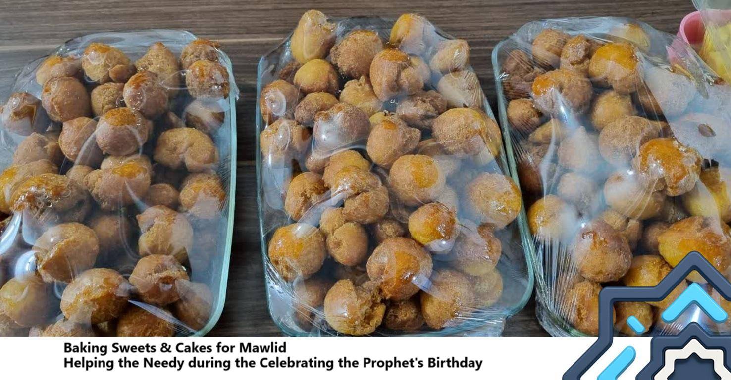 Three glass containers filled with sweet pastries, wrapped in plastic. The treats are golden brown and glazed, prepared for Mawlid celebrations and crypto-supported aid, helping the needy. Donation powered by ETH.