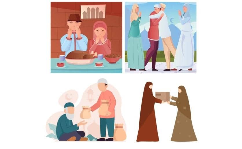 Islamic charity exemplifies anonymous giving for Allah's pleasure, showing people praying, sharing greetings, giving alms, and delivering aid, with donations supported by BTC.