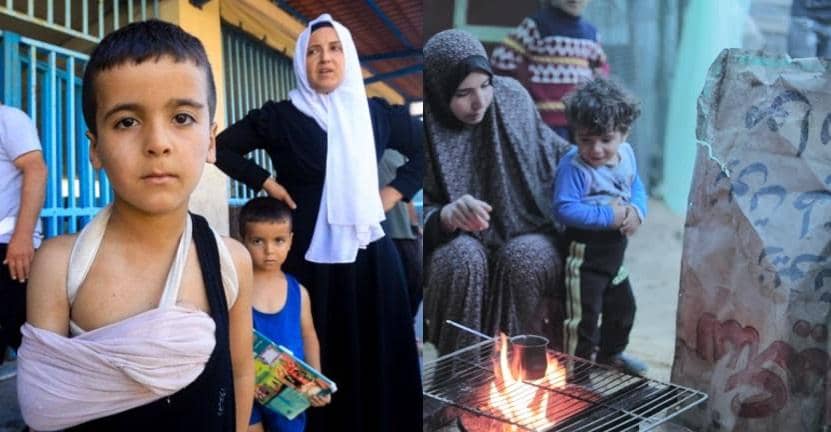 Injured boy and displaced families in Beirut, Lebanon, receiving aid. Donate crypto for winter clothes and tents via BTC.
