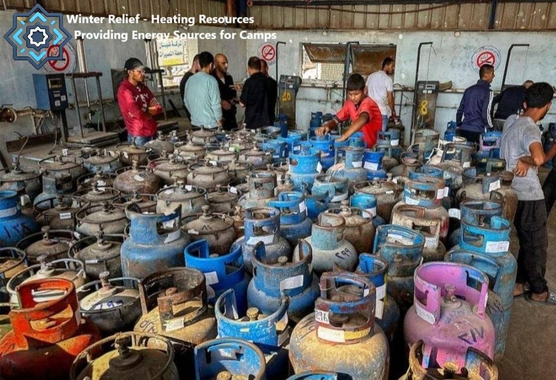 Rows of propane gas cylinders being prepared for distribution as winter relief aid, with a young boy assisting in the foreground, demonstrating crypto-powered humanitarian support for families in need, possibly facilitated by BCH.