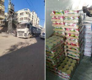 A humanitarian aid truck drives down a street in Gaza, with stacks of canned goods ready for distribution. Supports crypto Zakat donations via ETH for aid delivery.