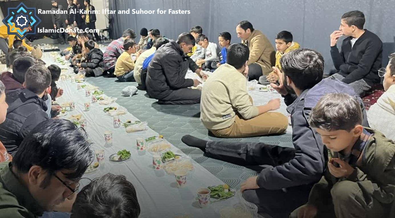 Children and adults gathered for Iftar, sharing a meal. Crypto Zakat enables this vital support for fasting individuals.