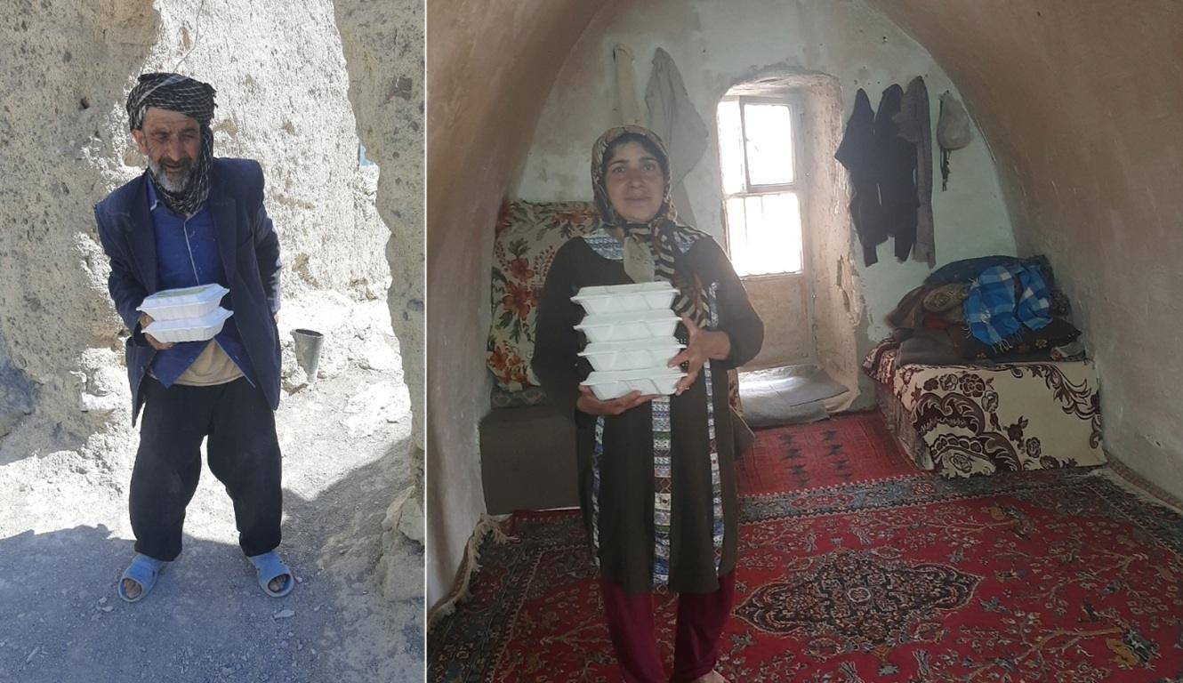 An elderly man and a woman each hold stacks of white food containers, symbolizing aid distributed with crypto donations like ETH to needy families.