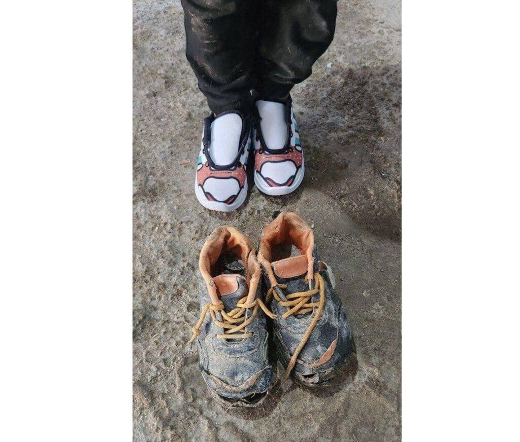 New shoes contrast with worn-out ones, symbolizing aid to working children, supported by ETH donations to help them return to school.