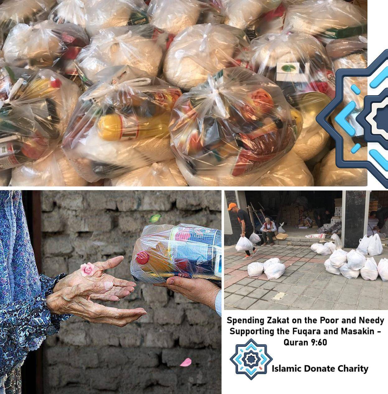 Bags of food aid being distributed, a hand receiving items, and people carrying supplies. Crypto zakat donations support these efforts, including ETH donations, to aid the poor and needy.