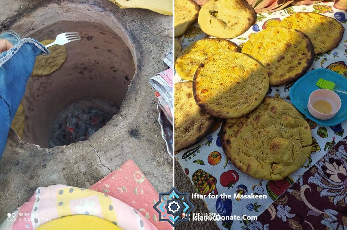 Freshly baked flatbreads ready for Iftar for the Masakeen, baked traditionally and prepared with care to feed those in need, supported by crypto donations like ETH.