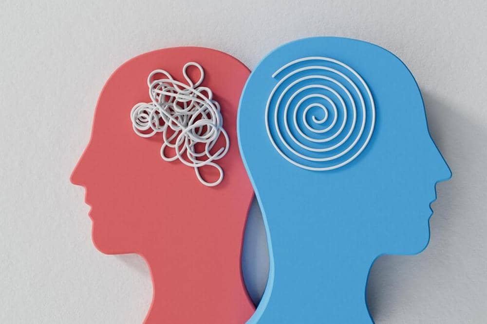 Two profiles representing mental states: one red with a tangled mess of white lines, the other blue with a neat spiral, symbolizing the journey from distress to peace in holistic well-being, with support from crypto donations like Bitcoin.