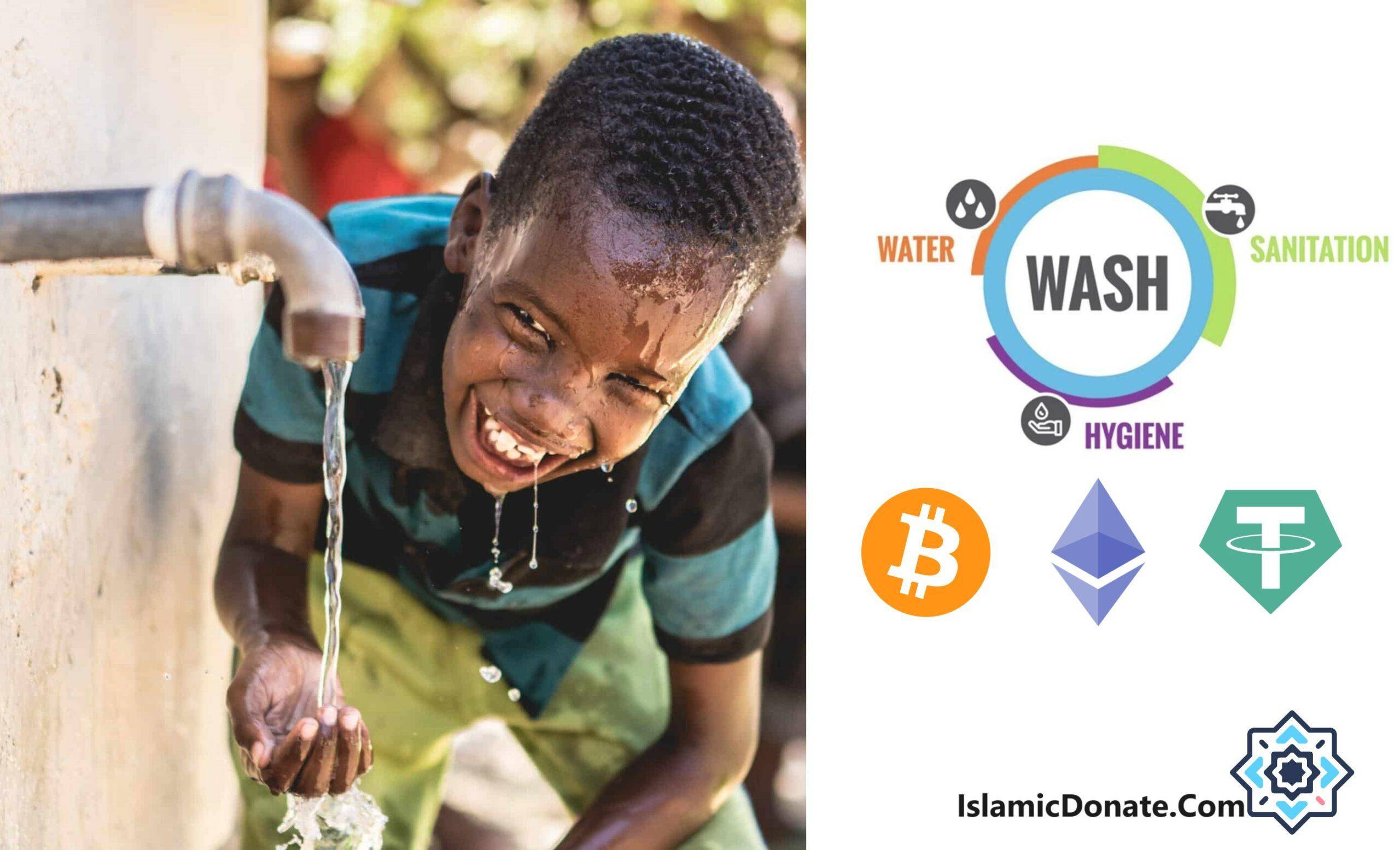 Child joyfully drinking water from a tap, representing WASH initiatives. Enabled by crypto donations like BTC for water, sanitation, and hygiene.