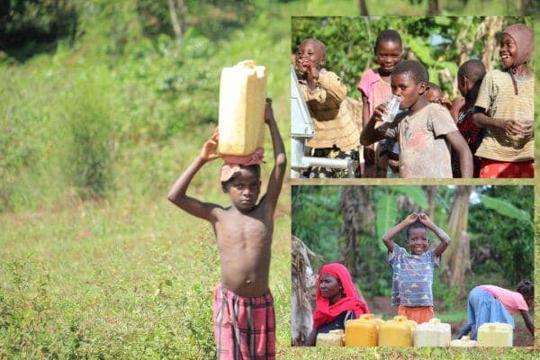 Uganda children collect water cans with crypto donation support via SOL. Helping Uganda with food security, refugee support, and clean water.