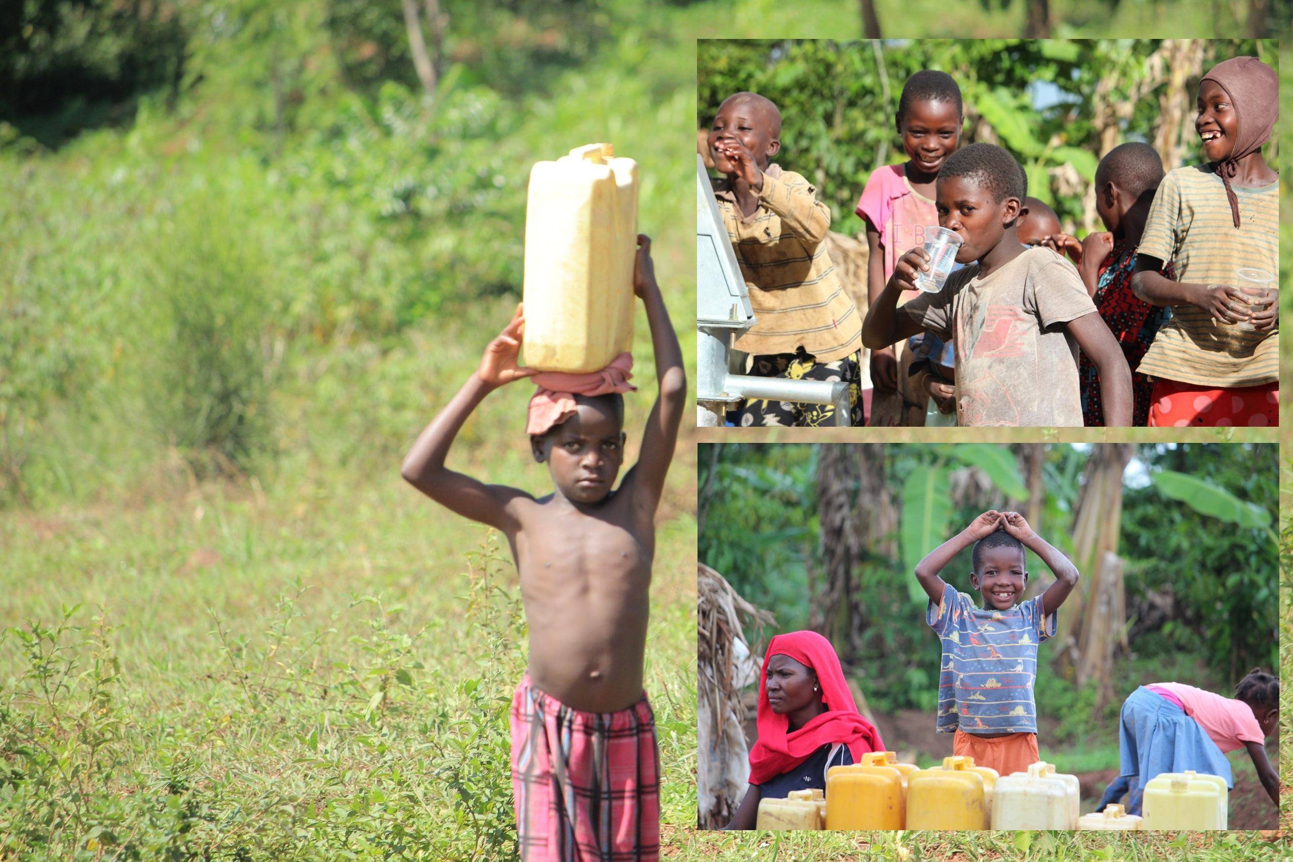 Uganda children collect water cans with crypto donation support via SOL. Helping Uganda with food security, refugee support, and clean water.