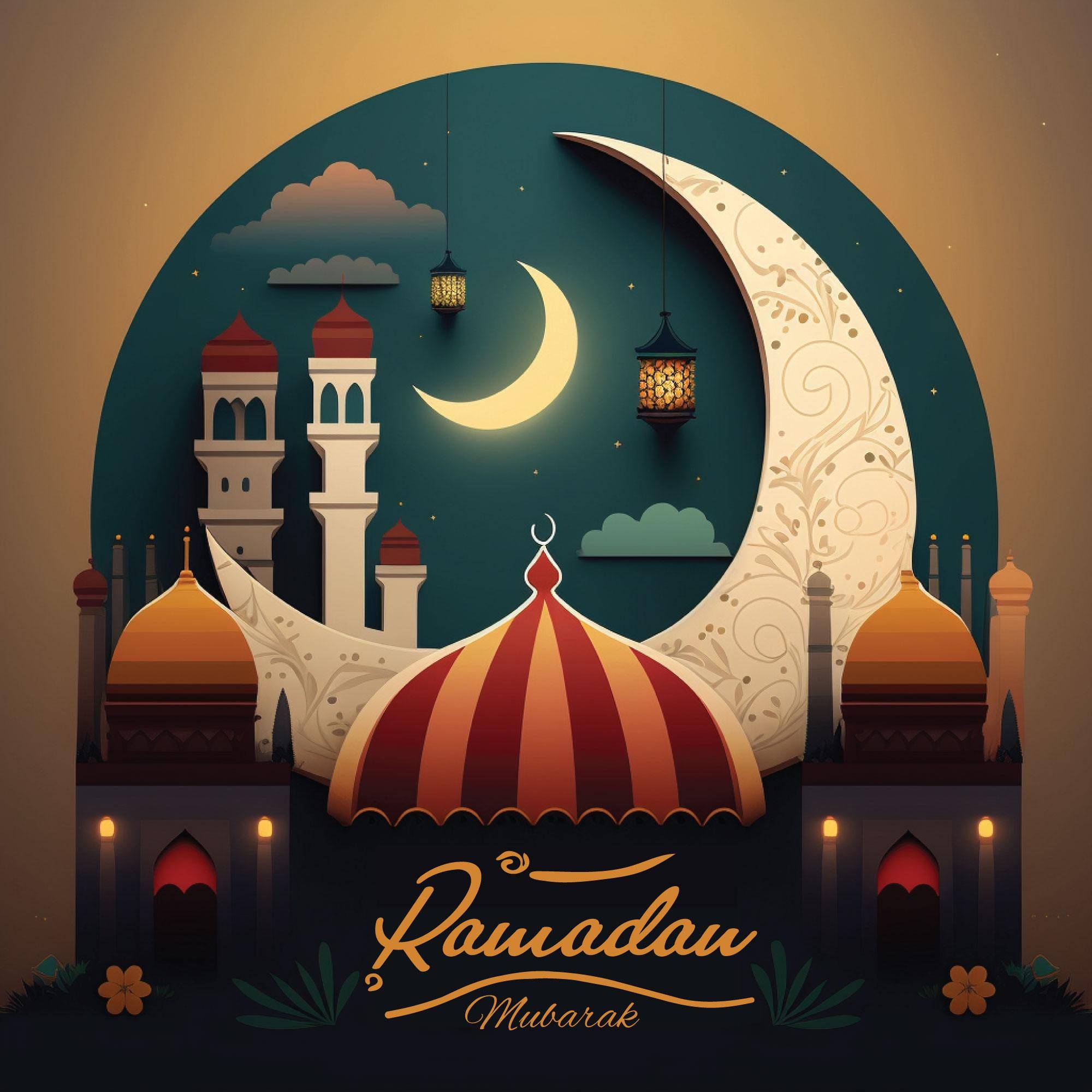 Ramadan Mubarak greeting with Islamic architecture, crescent moon, and lanterns, subtly implying crypto donation support via USDT.