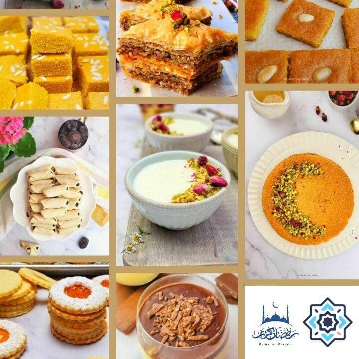 Ramadan Iftar meals prepared with 4 tons of flour purchased via Bitcoin donations. Featuring baklava, cookies, puddings, and traditional sweets, symbolizing nourishment for the needy.