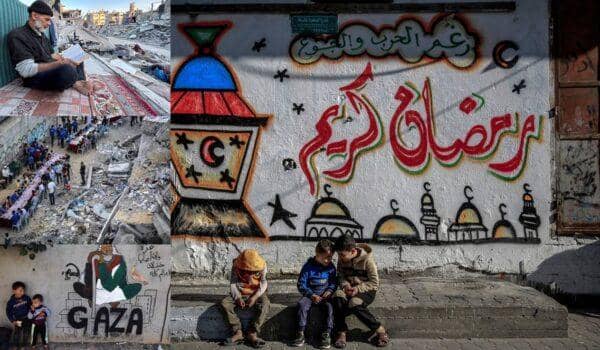 Palestine Ramadan relief efforts featuring a man reading amidst rubble, communal iftar, and children sitting near graffiti. Donations accepted via USDT for urgent aid.