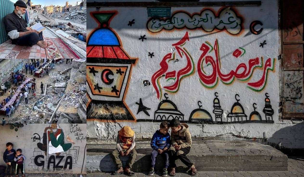 Palestine Ramadan relief efforts featuring a man reading amidst rubble, communal iftar, and children sitting near graffiti. Donations accepted via USDT for urgent aid.