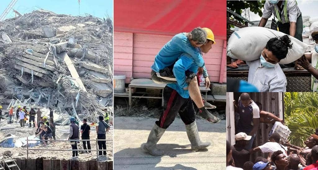 Myanmar earthquake relief efforts show rescue workers and aid distribution, supported by ETH donations. Urgent humanitarian support for Mandalay communities includes food, medicine, and shelter.