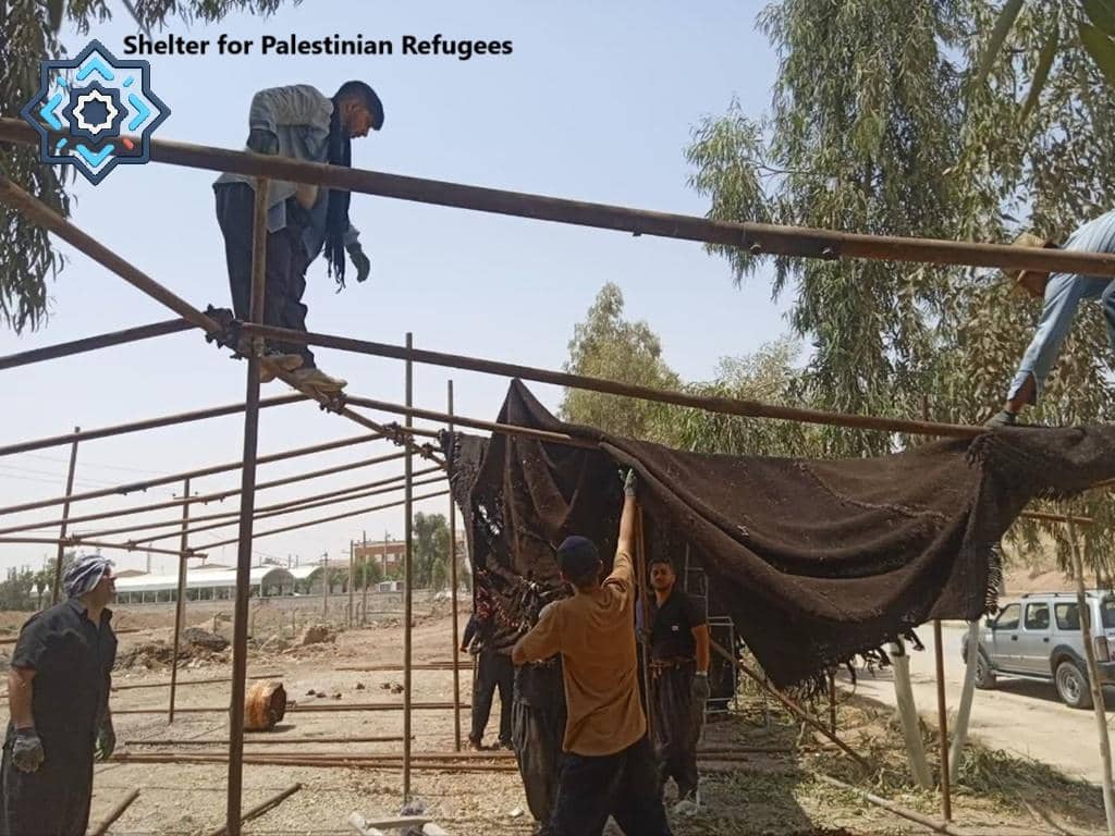 Men construct shelter for Palestinian refugees, demonstrating crypto Zakat for tent installation, essential aid, and rebuilding efforts.