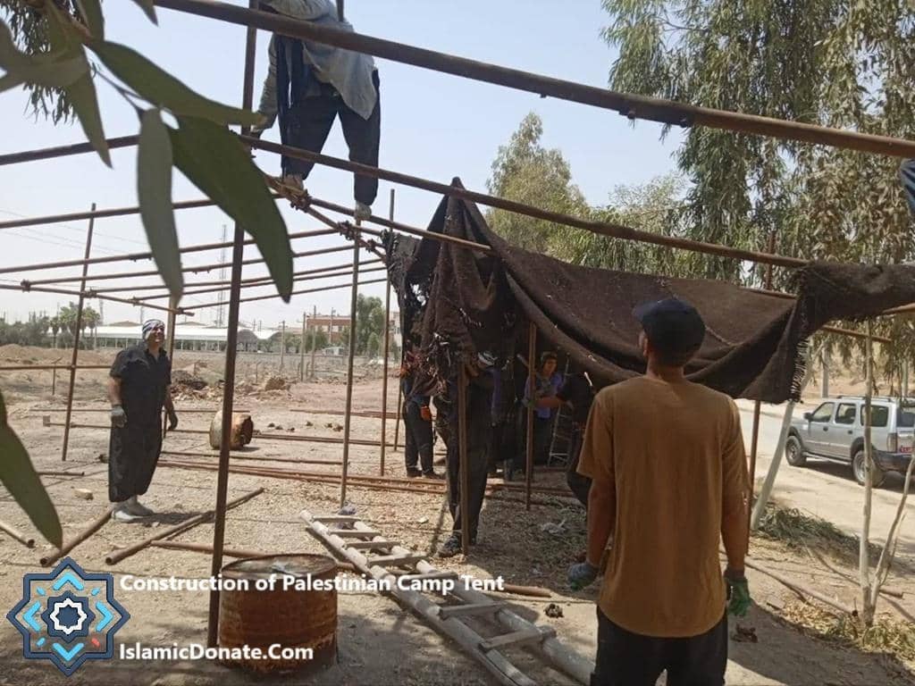 Construction of Palestinian refugee camp tents with supports being erected and a tarp being unfurled, supported by crypto Zakat donations for aid, food, and shelter.