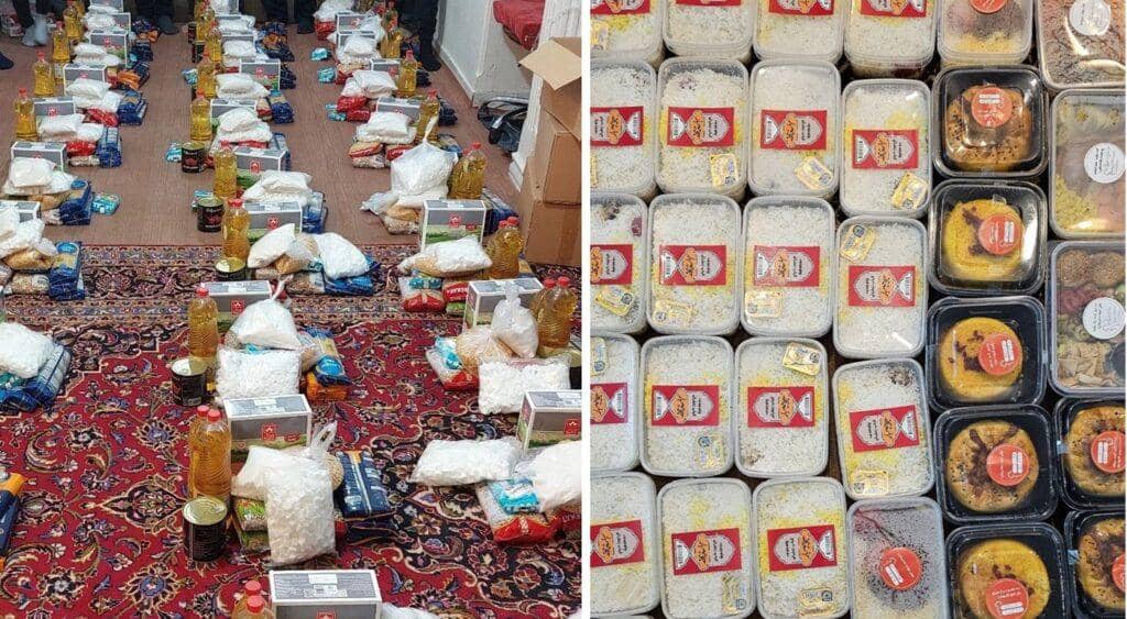 Rows of food packages including oil, rice, and flour, alongside pre-portioned meals, ready for Ramadan distribution and crypto Zakat aid support via USDT.