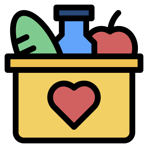 Donation box with a heart and food items, supported by crypto donations via USDT.