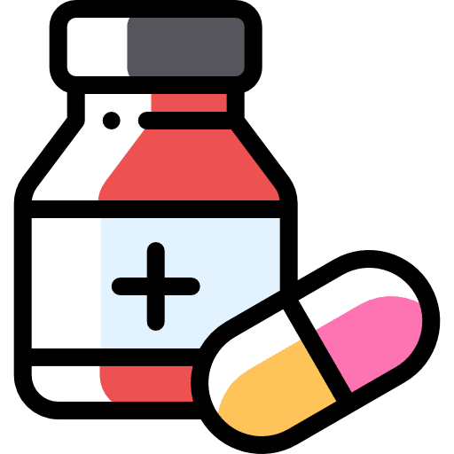 Medical bottle with a plus sign and a capsule, supporting charitable aid via ETH.