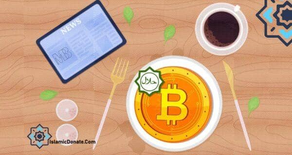 A Bitcoin coin marked with a "Halal" symbol sits on a plate, with a cup of coffee and a news tablet nearby, suggesting crypto donations are permissible and halal. Supported by SOL.