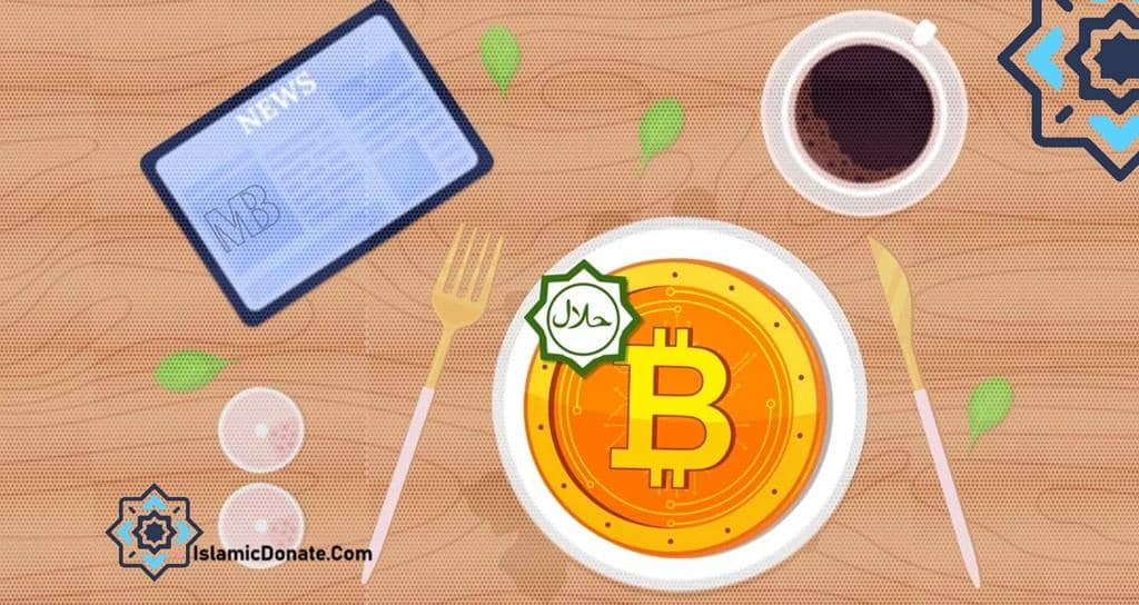 A Bitcoin coin marked with a "Halal" symbol sits on a plate, with a cup of coffee and a news tablet nearby, suggesting crypto donations are permissible and halal. Supported by SOL.