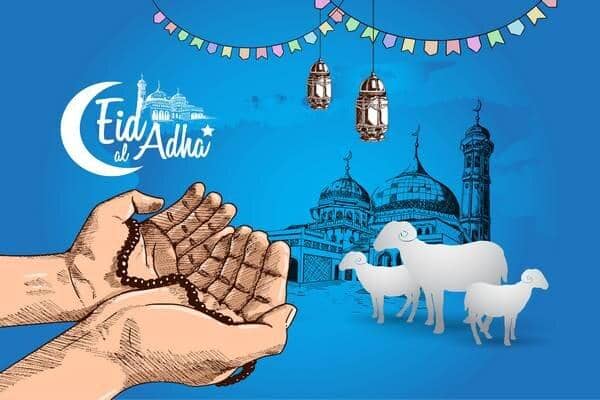 Eid al-Adha 2025 prayer hands holding tasbih beads with sheep and mosque illustration, supporting relief efforts for the Muslim Ummah via Bitcoin donations.