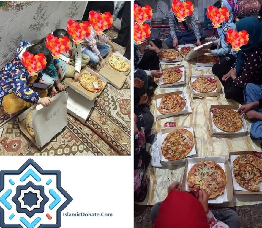 Children happily eating pizza, faces blurred for privacy. Crypto donations provided warm food, dignity, and joy for children who had never tasted pizza before, supported by Ethereum.