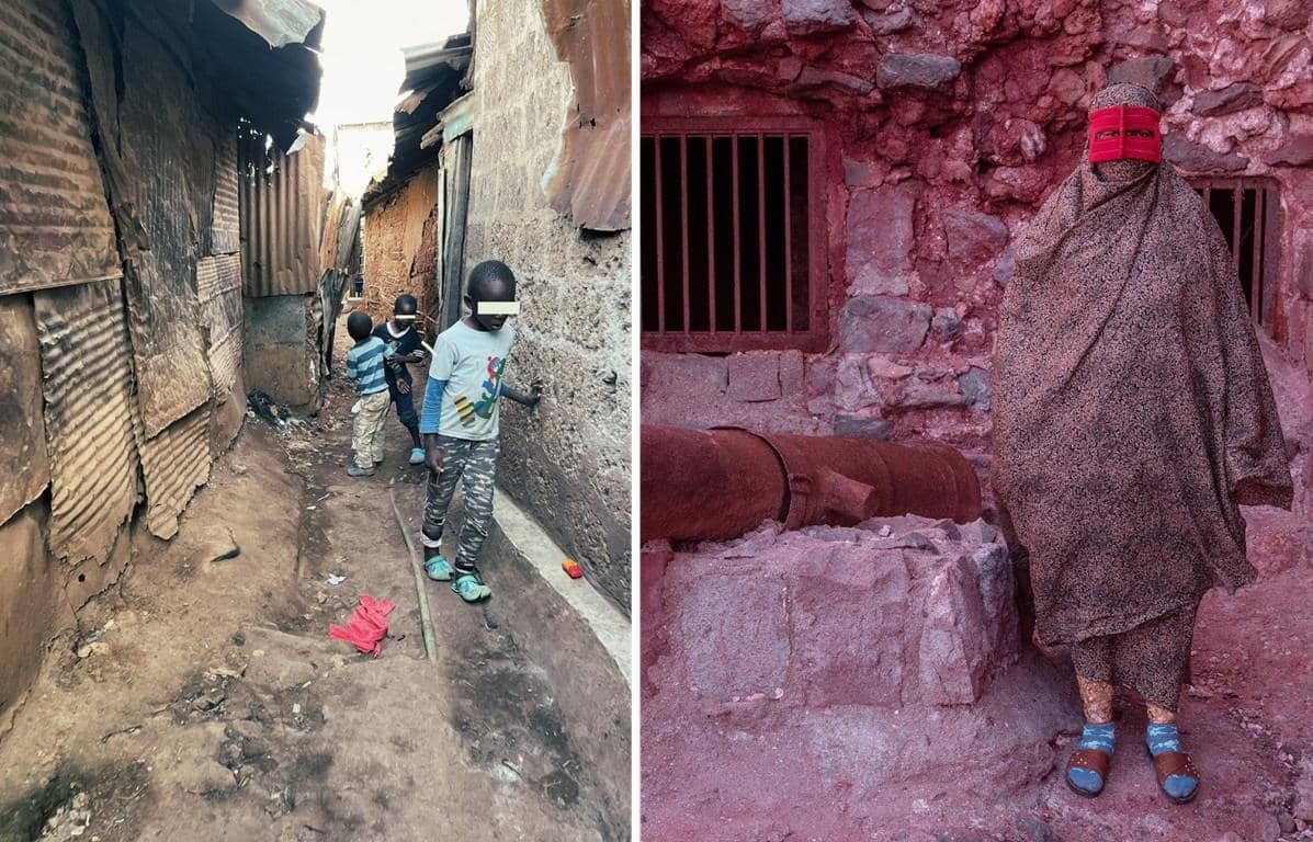 Children walking in a slum alleyway, contrasted with a figure in traditional attire in a rustic, stone-walled enclosure. This image represents silent giving and anonymous donation via Tether to support those in need with essential aid.