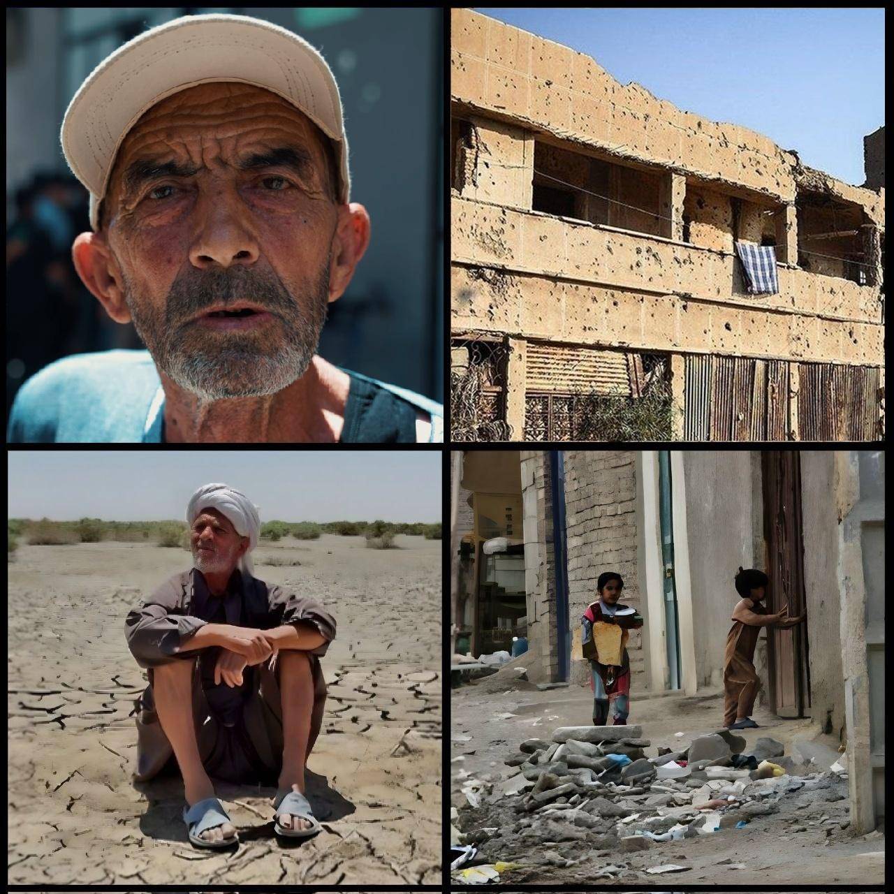 Collage of faces and scenes of hardship: an elderly man in a baseball cap, a bombed-out building, a man sitting in a dry, cracked landscape, and children standing near debris, illustrating the need for anonymous crypto donations via BTC.