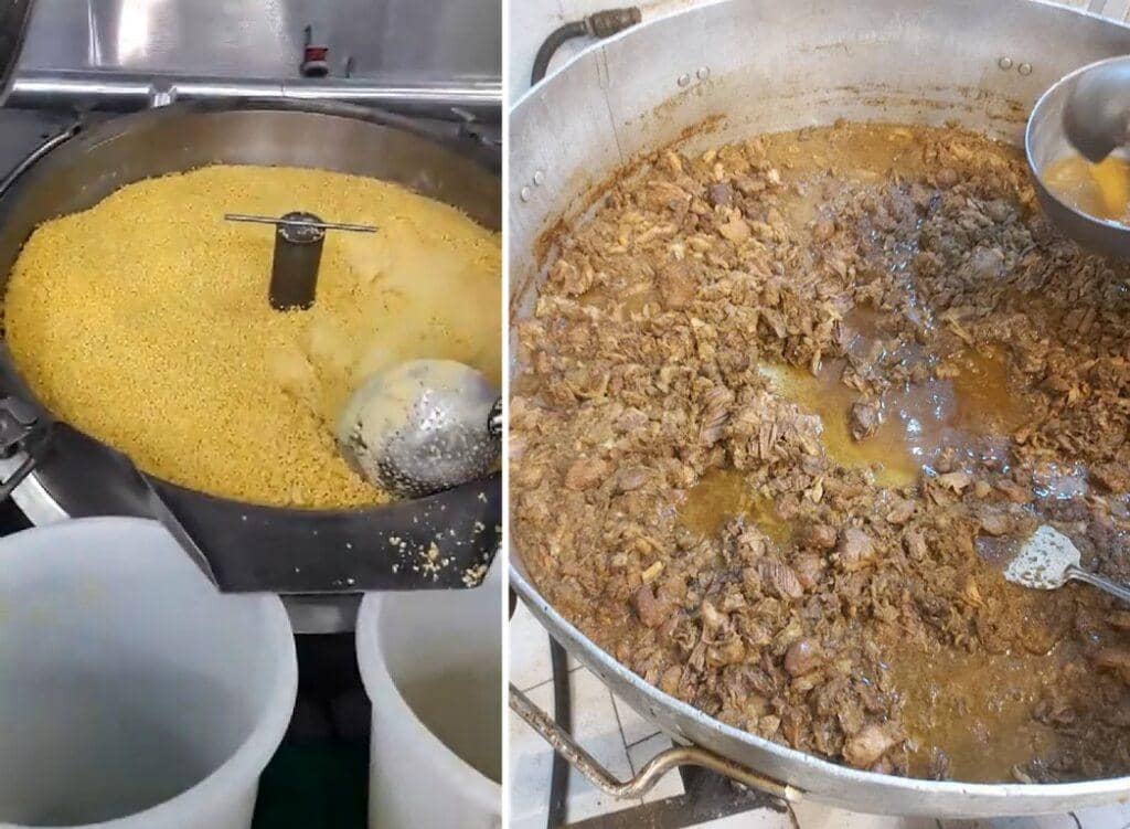 Food preparation in Gaza: large vats show cooking grains and shredded meat, symbolizing humanitarian aid delivery with humanitarian support via BTC.