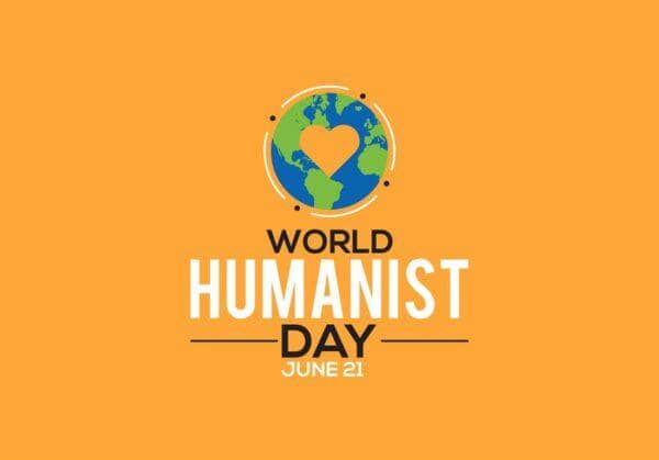 World Humanist Day June 21 logo featuring a globe with a heart inside, symbolizing compassion and action in crisis. Support humanitarian aid through crypto donations like SOL.