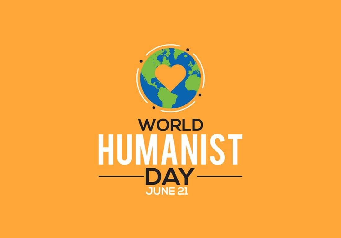 World Humanist Day June 21 logo featuring a globe with a heart inside, symbolizing compassion and action in crisis. Support humanitarian aid through crypto donations like SOL.