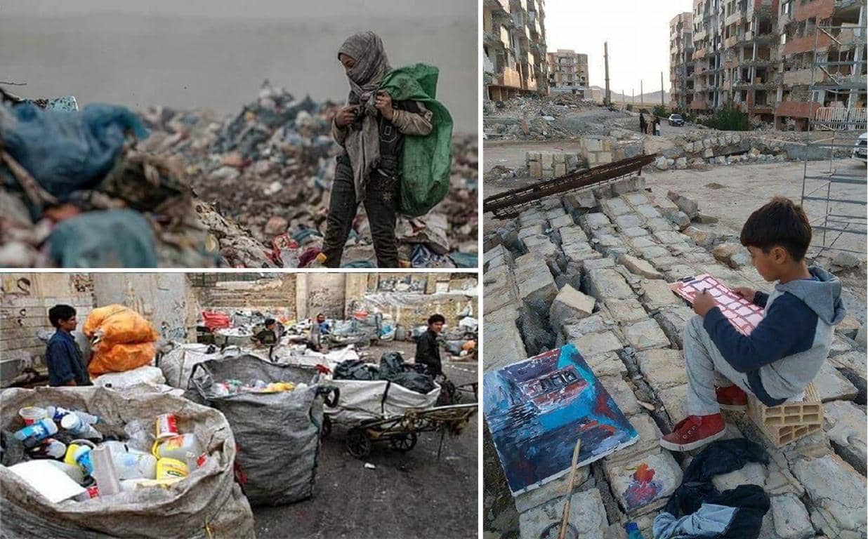 Collage of hardship: Child scavenging in trash, people sorting recyclables, and a boy drawing amidst war-torn ruins, highlighting the need for direct crypto donations like Bitcoin.