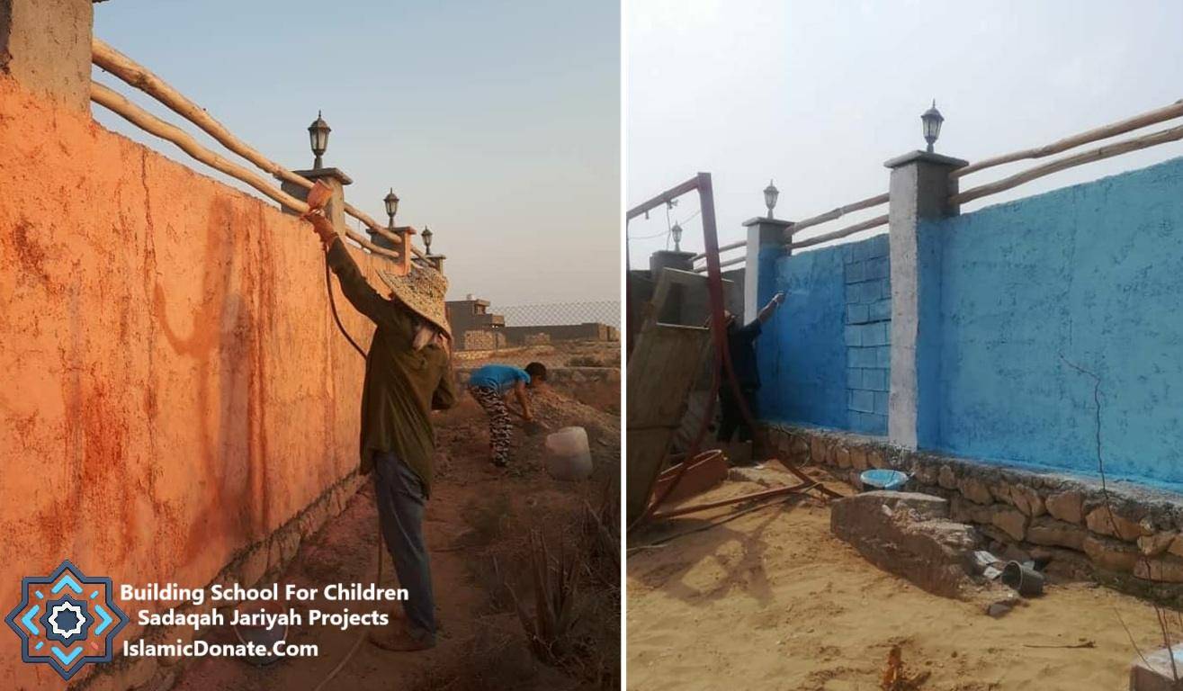 A split image shows the progression of painting a wall, with construction debris and one person spraying the wall on the left and another man painting the wall blue on the right, with children's school construction ongoing, a Sadaqah Jariyah project supported by crypto donations via Bitcoin.