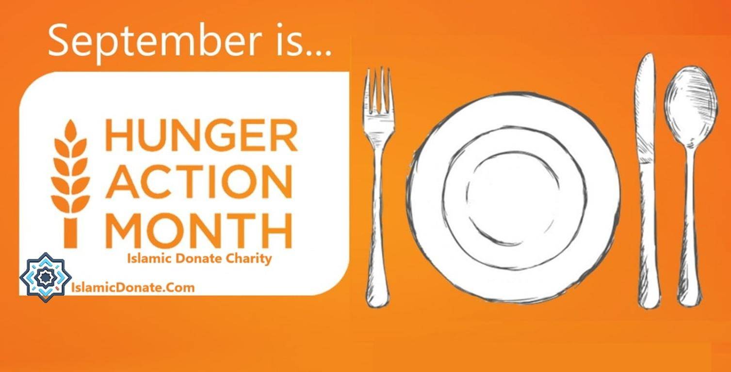 September is Hunger Action Month. A sketch of cutlery and a plate against an orange background symbolizes the fight against food insecurity and the encouragement of crypto donations, such as BTC, for anonymous relief.