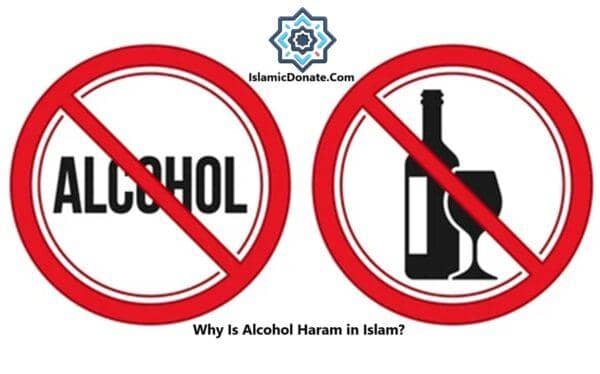 Two red prohibition signs, one with the word ALCOHOL, the other with a bottle and glass. Text below reads "Why Is Alcohol Haram in Islam?". This image illustrates why alcohol is haram in Islam by prohibiting its consumption. Supported by BNB.