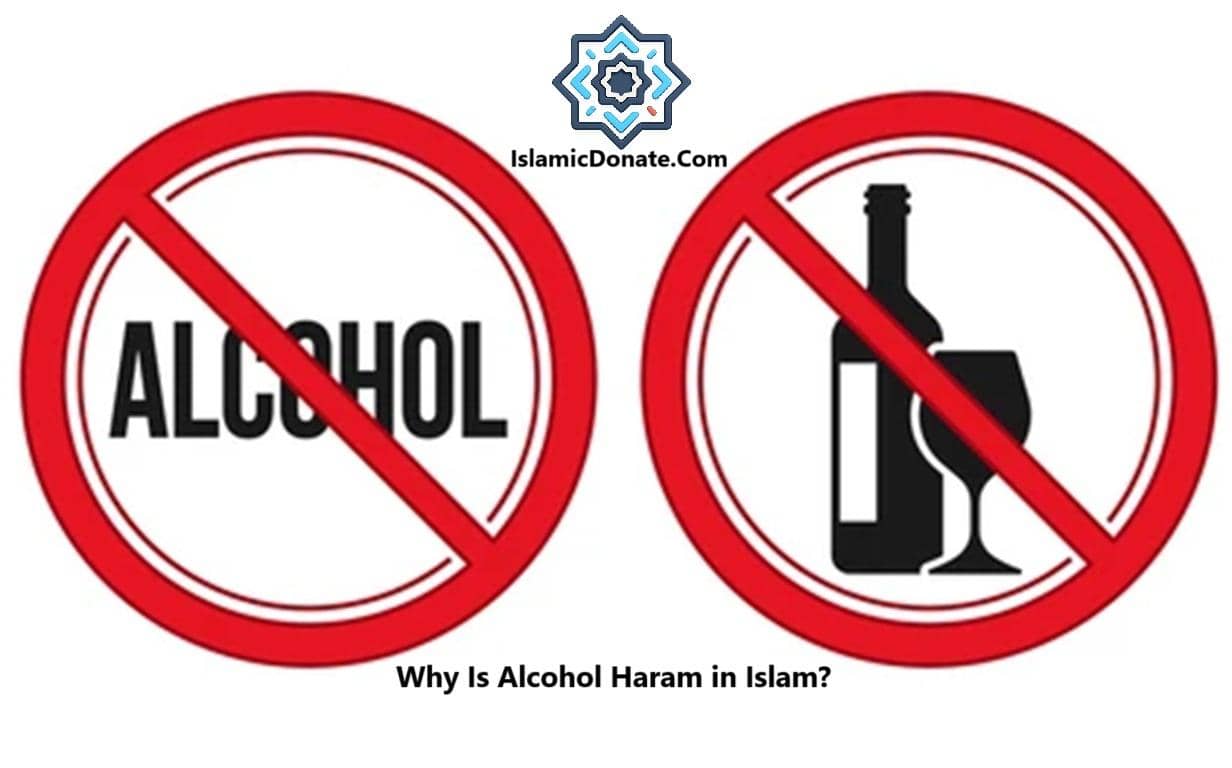 Two red prohibition signs, one with the word ALCOHOL, the other with a bottle and glass. Text below reads "Why Is Alcohol Haram in Islam?". This image illustrates why alcohol is haram in Islam by prohibiting its consumption. Supported by BNB.