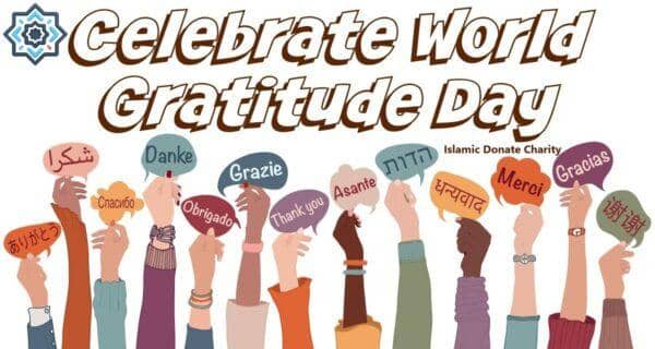 World Gratitude Day celebrated by diverse hands holding signs with 'thank you' in various languages, illustrating global appreciation and support for Islamic Donate Charity, which facilitates aid through crypto like ETH.